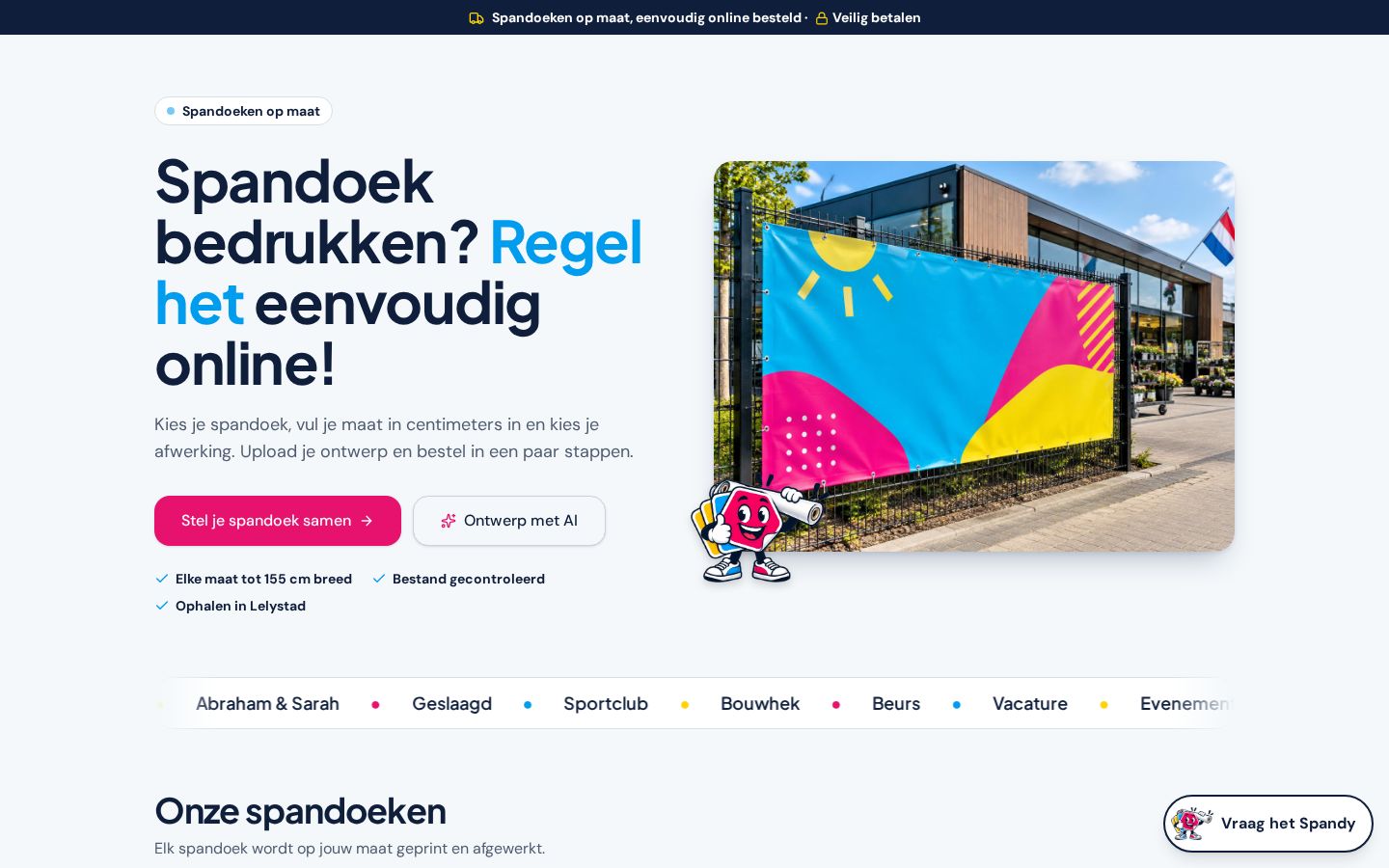 Homepage van Regel je Spandoek op een laptop