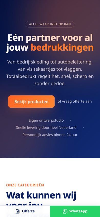 Homepage van Totaalbedrukt.nl op een telefoon
