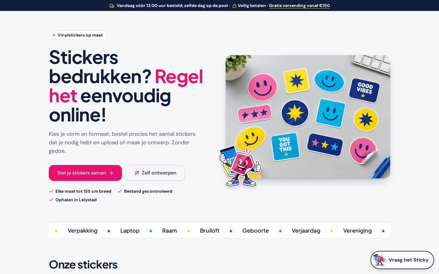 Homepage van Regel je Stickers op een laptop