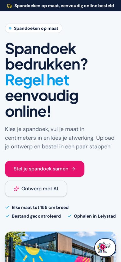 Homepage van Regel je Spandoek op een telefoon